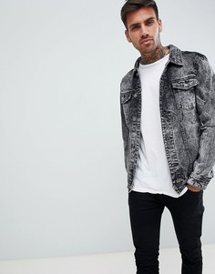 Черная джинсовая куртка с эффектом кислотной Pull&amp;Bear - Синий Pull&Bear