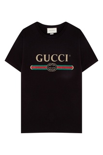 Черная футболка с золотистым логотипом Gucci