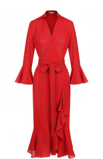 Шелковое платье-миди с поясом и оборками Michael Kors Collection