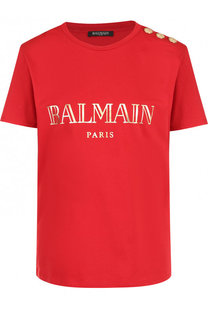 Хлопковая футболка с логотипом бренда и контрастными пуговицами Balmain