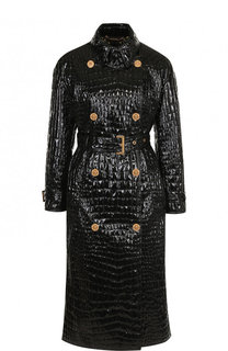 Двубортное пальто с поясом и декоративными пуговицами Versace