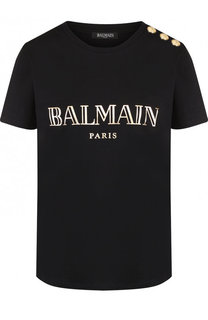 Хлопковая футболка с логотипом бренда и контрастными пуговицами Balmain