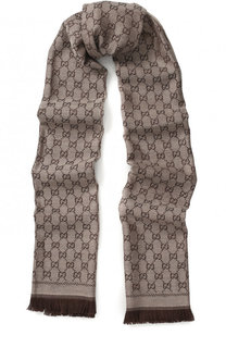 Шерстяной шарф с принтом и бахромой Gucci