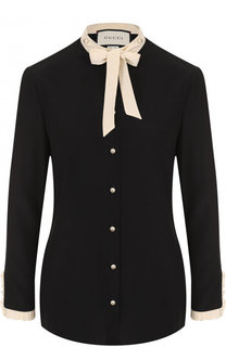 Шелковая блуза с контрастной воротником аскот Gucci