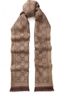 Шерстяной шарф с принтом и бахромой Gucci