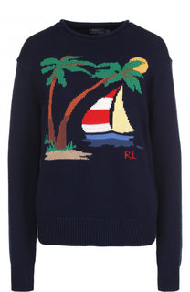 Хлопковый пуловер с круглым вырезом и принтом Polo Ralph Lauren