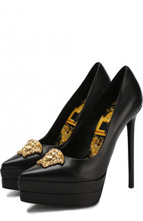 Кожаные туфли Palazzo с брошью на шпильке Versace