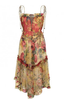 Шелковое платье-миди с оборками и принтом Zimmermann