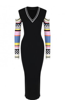 Шерстяное платье-миди с V-образным вырезом и контрастным принтом на рукавах Versace
