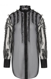Полупрозрачная шелковая блуза с оборками и воротником-стойкой Valentino