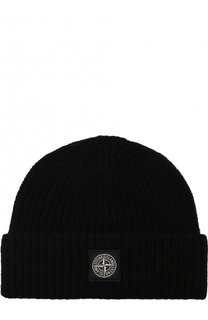 Шерстяная шапка фактурной вязки с логотипом бренда Stone Island