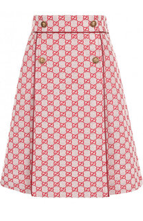 Хлопковая мини-юбка с принтом и декоративными пуговицами Gucci