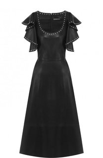 Кожаное платье с декоративной отделкой и оборками на рукавах Alexander McQueen