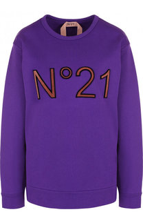 Хлопковый пуловер с круглым вырезом и логотипом бренда No. 21