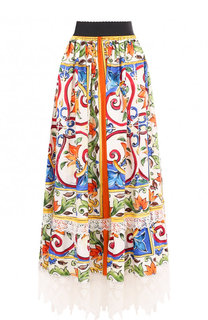 Хлопковая юбка-миди с кружевной отделкой и принтом Dolce & Gabbana