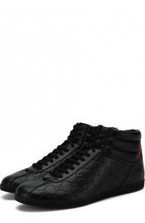 Высокие кожаные кеды на шнуровке с тиснением Signature Gucci
