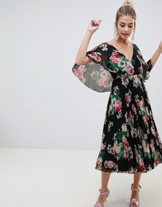 Платье миди с темным цветочным принтом и рукавами клеш ASOS DESIGN - Мульти
