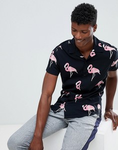 Рубашка с короткими рукавами, воротником в виде лацканов и принтом фламинго Jack & Jones Originals - Черный