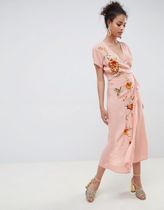 Платье макси с вышивкой и короткими рукавами Miss Selfridge - Розовый