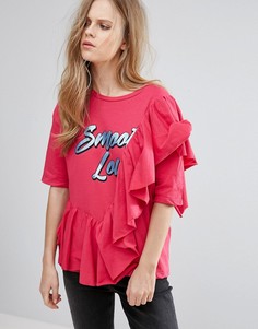 Футболка с оборкой и надписью Smooth Love Pull&Bear - Розовый