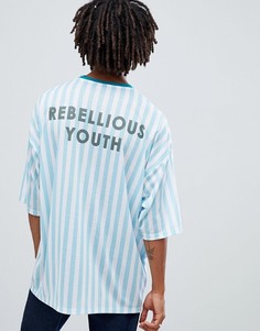 Длинная oversize-футболка в полоску с принтом Rebelious Youth на спине ASOS DESIGN - Синий