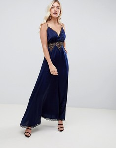 Атласное платье макси на тонких бретельках с кружевными вставками ASOS DESIGN - Темно-синий