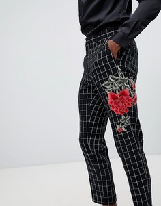 Черно-белые укороченные брюки скинни в клетку с вышивкой ASOS DESIGN - Черный