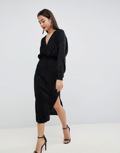 Платье миди с плиссировкой и рукавами летучая мышь ASOS DESIGN - Черный