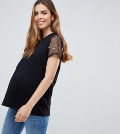 Футболка с сетчатыми рукавами и цветочной вышивкой ASOS DESIGN Maternity - Черный