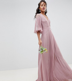 Платье макси с рукавами клеш, плиссировкой и кружевом ASOS DESIGN Tall Bridesmaid - Розовый