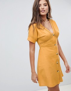 Платье мини на пуговицах с кружевными вставками ASOS DESIGN - Желтый