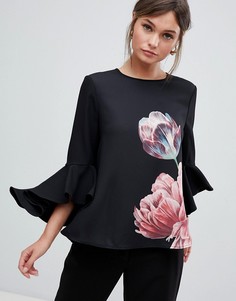 Топ с каскадными рукавами и цветочным принтом Ted Baker - Черный