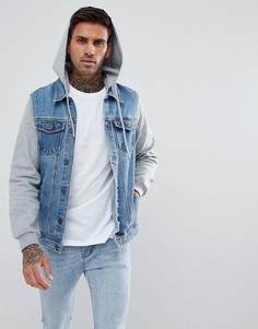 Синяя джинсовая куртка с трикотажными рукавами и капюшоном Pull&Bear - Синий