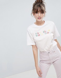 Белая oversize-футболка с круглым вырезом и надписью Monki - Белый