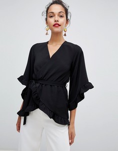 Черная блузка с запахом и оборками на рукавах River Island - Черный