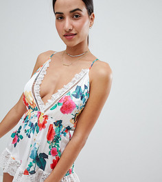 Атласное боди с цветочным принтом и кружевной отделкой Missguided - Белый