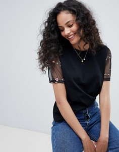 Футболка с цветочной вышивкой на рукавах ASOS DESIGN - Черный