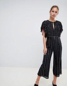 Комбинезон с блестящими полосками и расклешенными рукавами Miss Selfridge - Черный