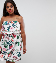 Платье мини бандо с цветочным принтом и оборкой ASOS DESIGN Curve - Мульти