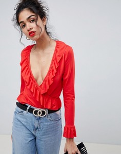 Красный топ с запахом и оборкой ASOS DESIGN - Красный