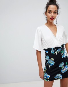 Мини-юбка с цветочным принтом и сборками на поясе River Island - Черный