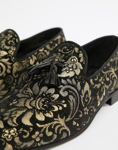 River Island Leather Loafers With Gold Embroidery In Black - Черный