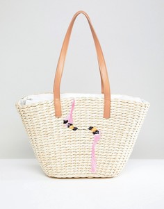 Соломенная пляжная сумка с вышивкой фламинго Chateau - Бежевый