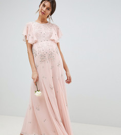 Платье макси с рукавами клеш и отделкой ASOS DESIGN Maternity Bridesmaids - Розовый
