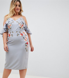 Платье-футляр с вышивкой и вырезами на плечах ASOS DESIGN Curve - Синий