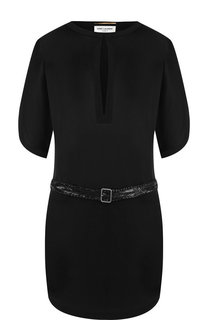 Однотонное мини-платье с поясом Saint Laurent