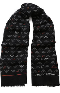 Шерстяной шарф с логотипом бренда и бахромой Emporio Armani