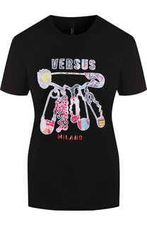 Хлопковая футболка с круглым вырезом и контрастной нашивкой Versus Versace