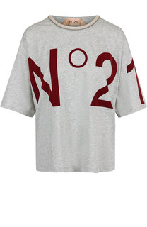 Хлопковая футболка с круглым вырезом и логотипом бренда No. 21