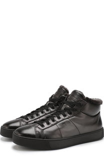 Высокие кожаные кеды с внутренней меховой отделкой Santoni
